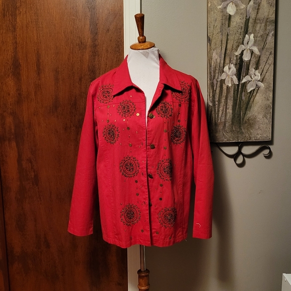 Quacker Factory Red Button Up Jacket Beaded Medium - Picture 1 of 5